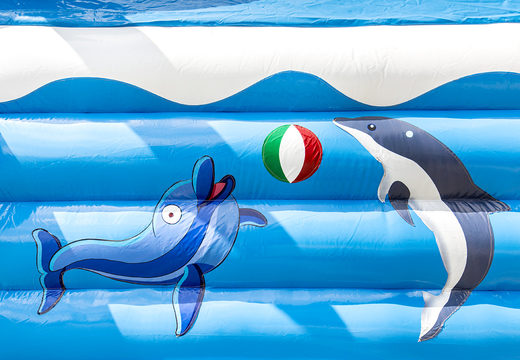 Acquistare un multigioco gonfiabile per bambini con tetto ostacoli e scivolo con il tema delfino