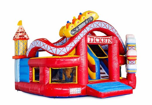 Funcity Rollercoaster castello gonfiabile con uno scivolo all'interno e l'oggetto 3D sulla superficie di salto per i bambini. Ordina i castelli gonfiabili online su JB Gonfiabili Italia