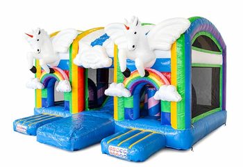 Groot opblaasbaar overdekt multiplay luchtkussen met glijbaan kopen in thema unicorn voor kinderen. Bestel luchtkussens online bij JB Inflatables Nederland