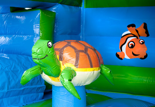 Acquistare un multigioco gonfiabile per bambini con tetto ostacoli e scivolo con il tema tartaruga
