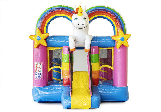 Acquista mini castello gonfiabile a tema unicorno colorato con scivolo. Castelli gonfiabili per bambini in vendita su JB Gonfiabili Italia