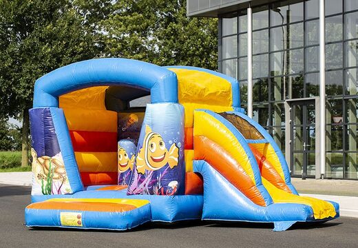 Castello gonfiabile multifun piccola blu con tettuccio per bambini in vendita a tema mare. Acquista castelli gonfiabili online su JJB Gonfiabili Italia