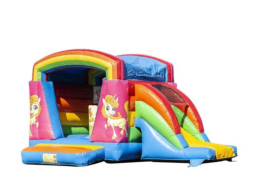 Piccola castello gonfiabile multifun a tema unicorno arcobaleno da acquistare per i bambini. Acquista castelli gonfiabili online su JB Gonfiabili Italia