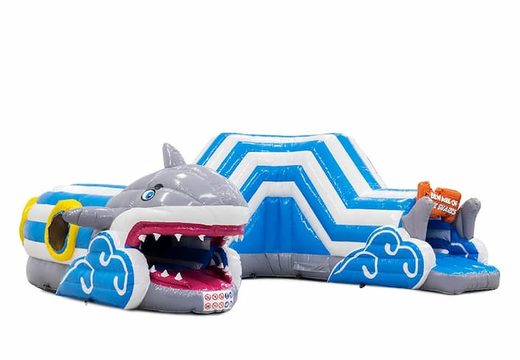 Acquistare un gioco gonfiabile tunnel per bambini con ostacoli e scivolo, tema squalo.