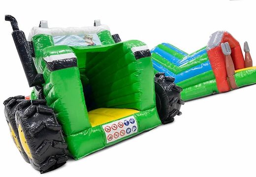 Acquistare un gioco gonfiabile tunnel per bambini con ostacoli e scivolo, tema trattore.