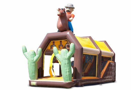 Acquistare un gioco gonfiabile spara palline con scivolo e tetto con il tema western per bambini