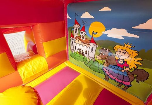 Midi multifun castello gonfiabile per bambini in vendita in una combinazione di colori rosa giallo e arancione a tema principessa. Disponibile online presso JB Gonfiabili Italia