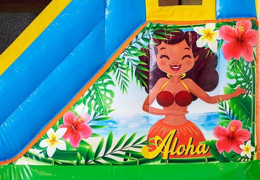 Opblaasbaar Jumpy Happy Splash springkussen met zwembad bestellen in thema tropical Hawai voor kids bij JB Inflatables
