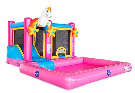 Opblaasbaar Multi Splash Bounce Unicorn luchtkussen met waterbadje kopen in thema unicorn eenhoorn regenboog rainbow voor kinderen bij JB Inflatables