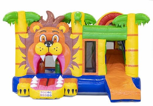 Castello gonfiabile multigioco a tema leone con scivolo e ostacoli in vendita per bambini