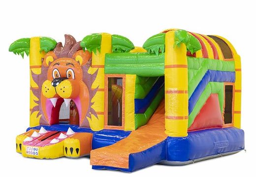 Castello gonfiabile multigiocatore a tema leone con scivolo e ostacoli per bambini
