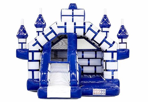 Ordina il castello gonfiabile gonfiabile combinato di diapositive con scivolo a tema castello con blu e bianco per bambini