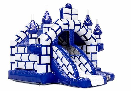 Sdraietta gonfiabile combo scivolo con scivolo a tema castello con ordinazione blu e bianca per bambini