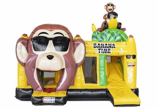 Sdraietta gonfiabile a tema scimmia banana con ostacoli e scivolo in vendita