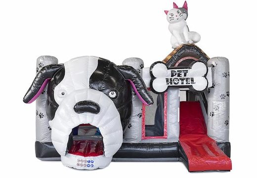 Acquista un castello gonfiabile gonfiabile con scivolo a tema animale con sopra un grosso cane per bambini