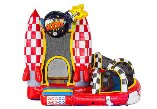 Strisce a fumetti raffigurate sul castello gonfiabile Mini con scivolo disponibile da JB Inflatables